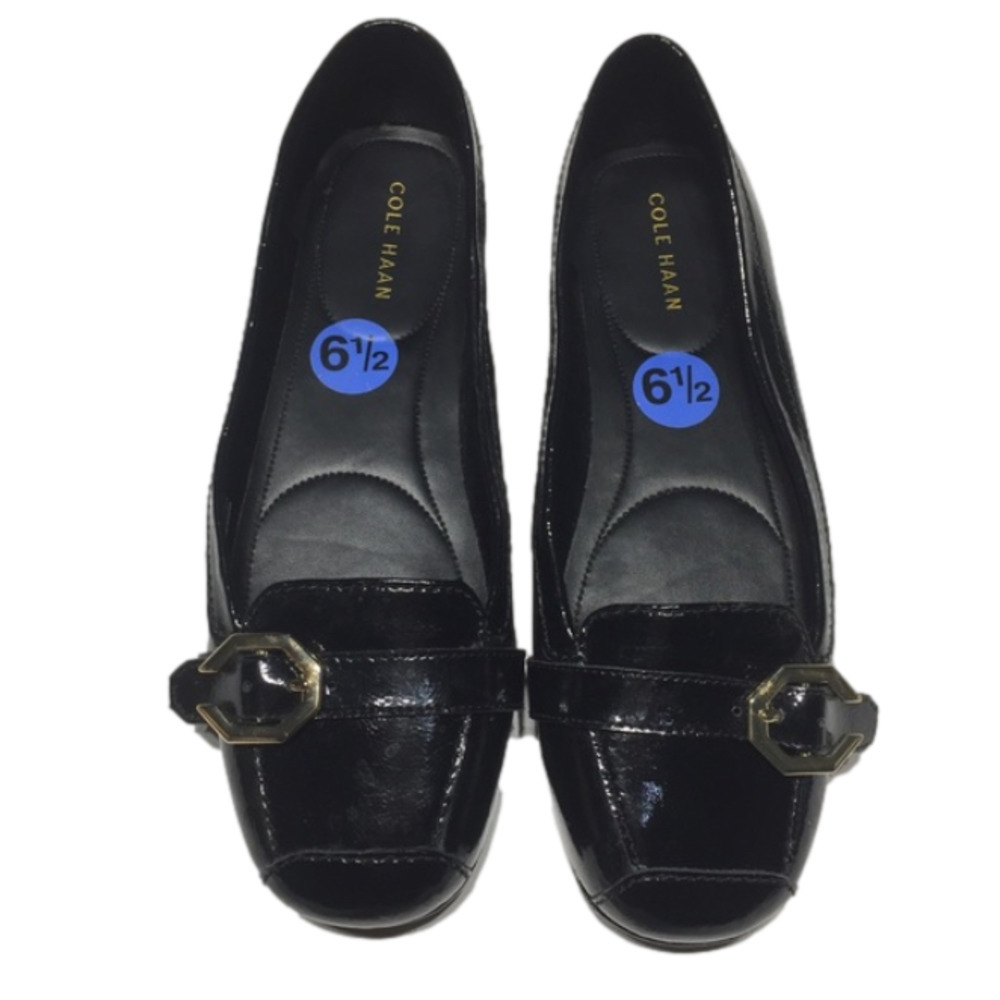 Cole Haan Black Patent Leather Loafers with Gold Buckle